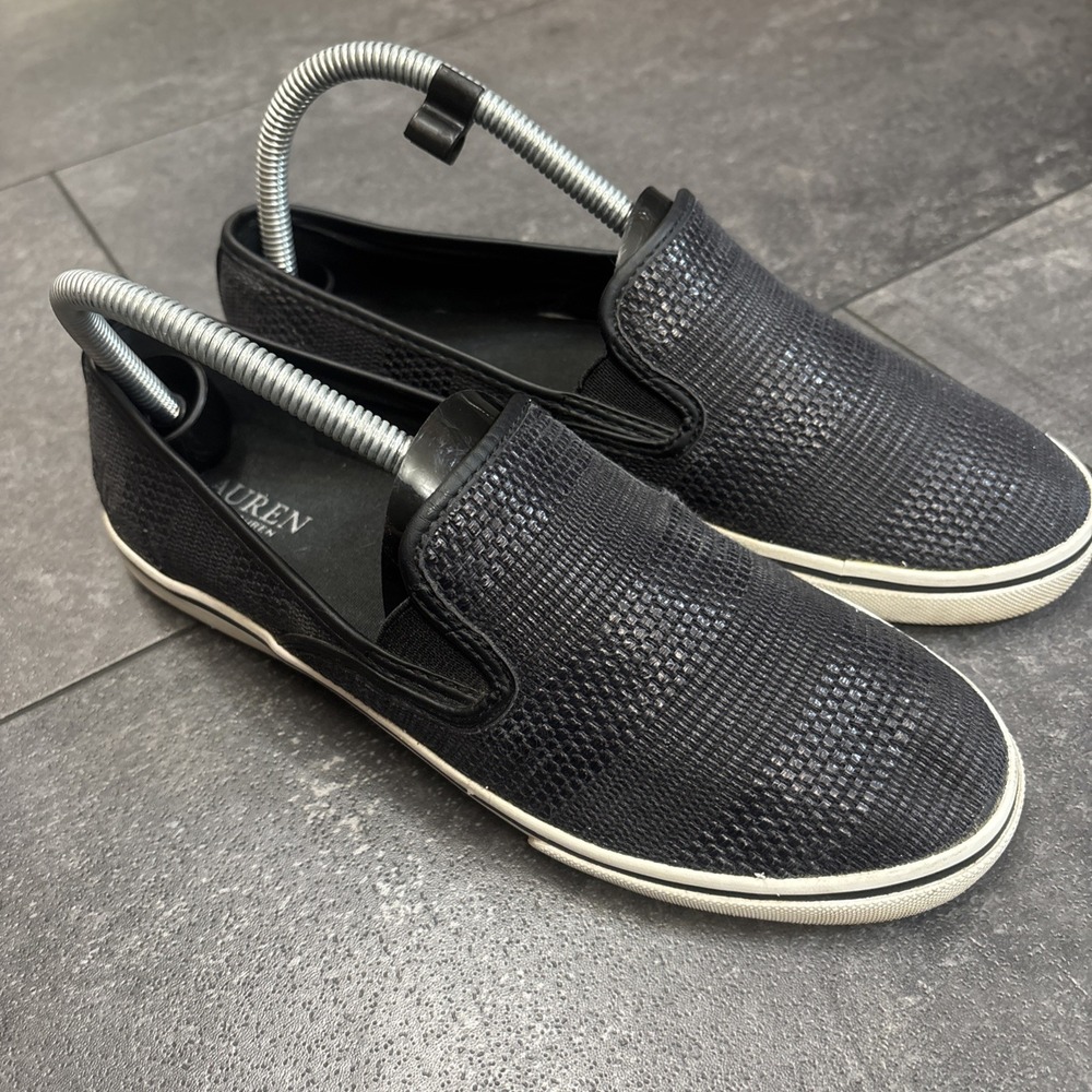 Ralph Lauren Womens Black Janis Slip On Sneakers Woven Size 8.5 B Loafer Boat